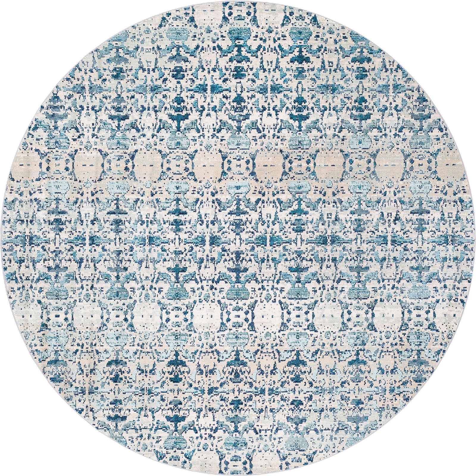 7' x 7' Basin · Distressed medallion rug, turquoise and cream