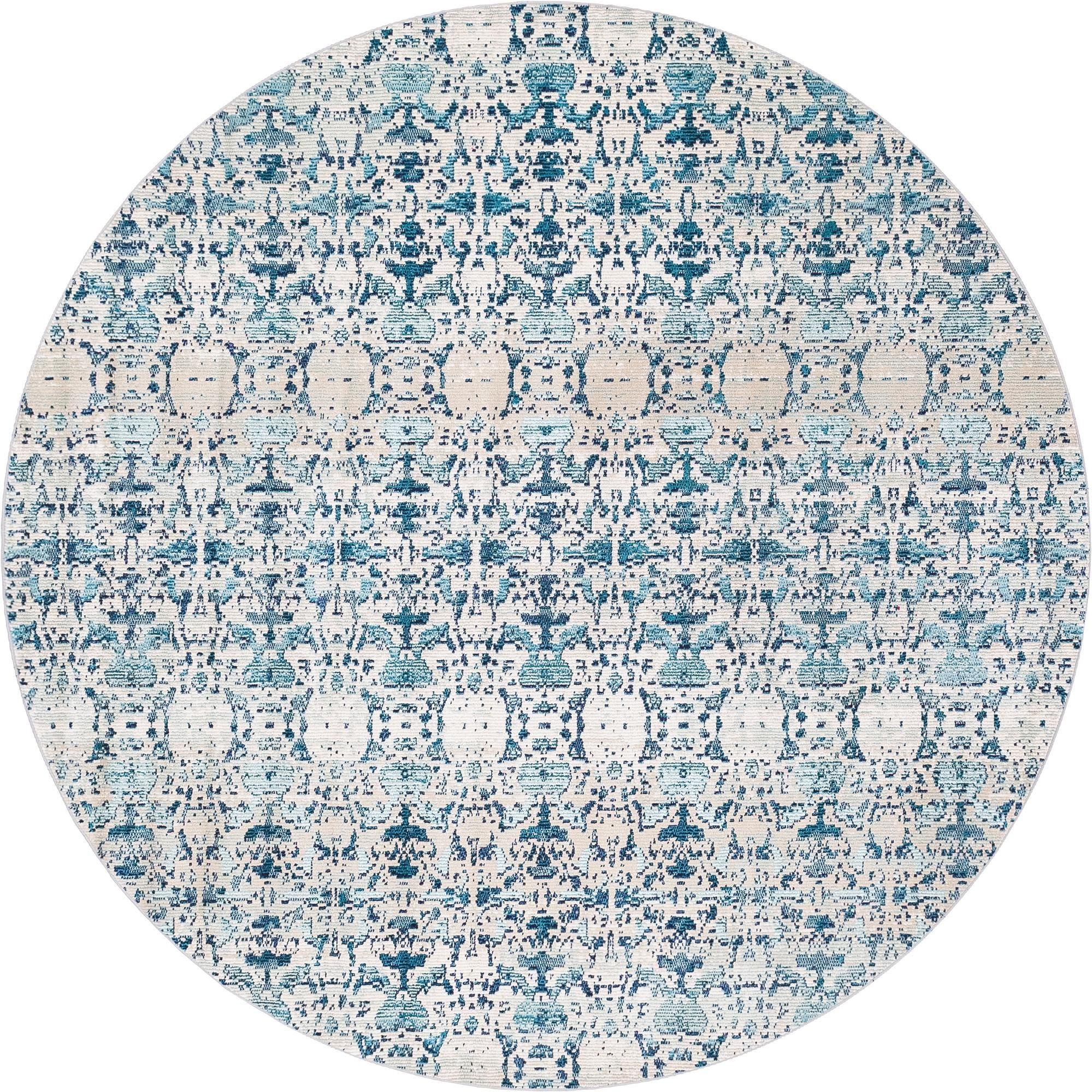7' x 7' Basin · Distressed medallion rug, turquoise and cream