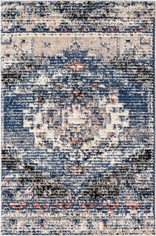 4' x 6' Burton · Distressed medallion rug, blue and beige