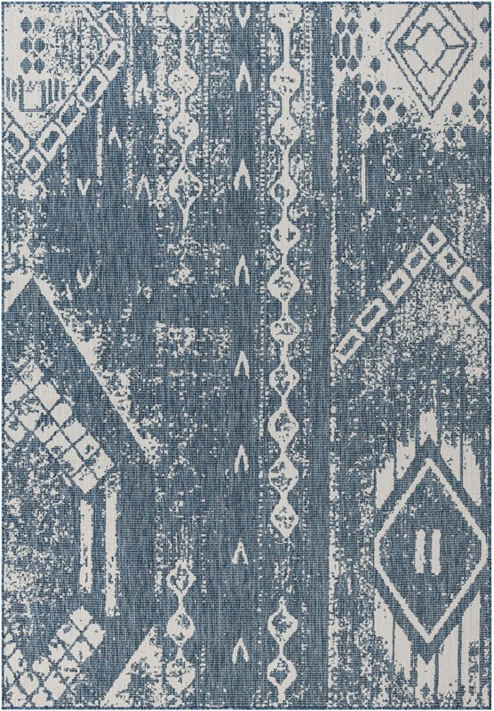 7' x 10' Wildman · Tribal geometric Outdoor Rug, blue and ivory