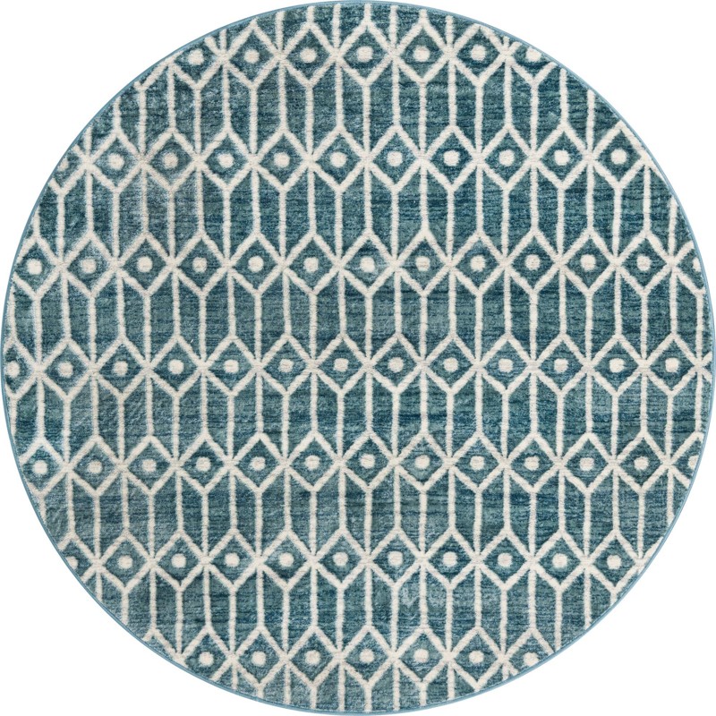 7' x 7' Vincent · Geometric trellis rug, blue and ivory