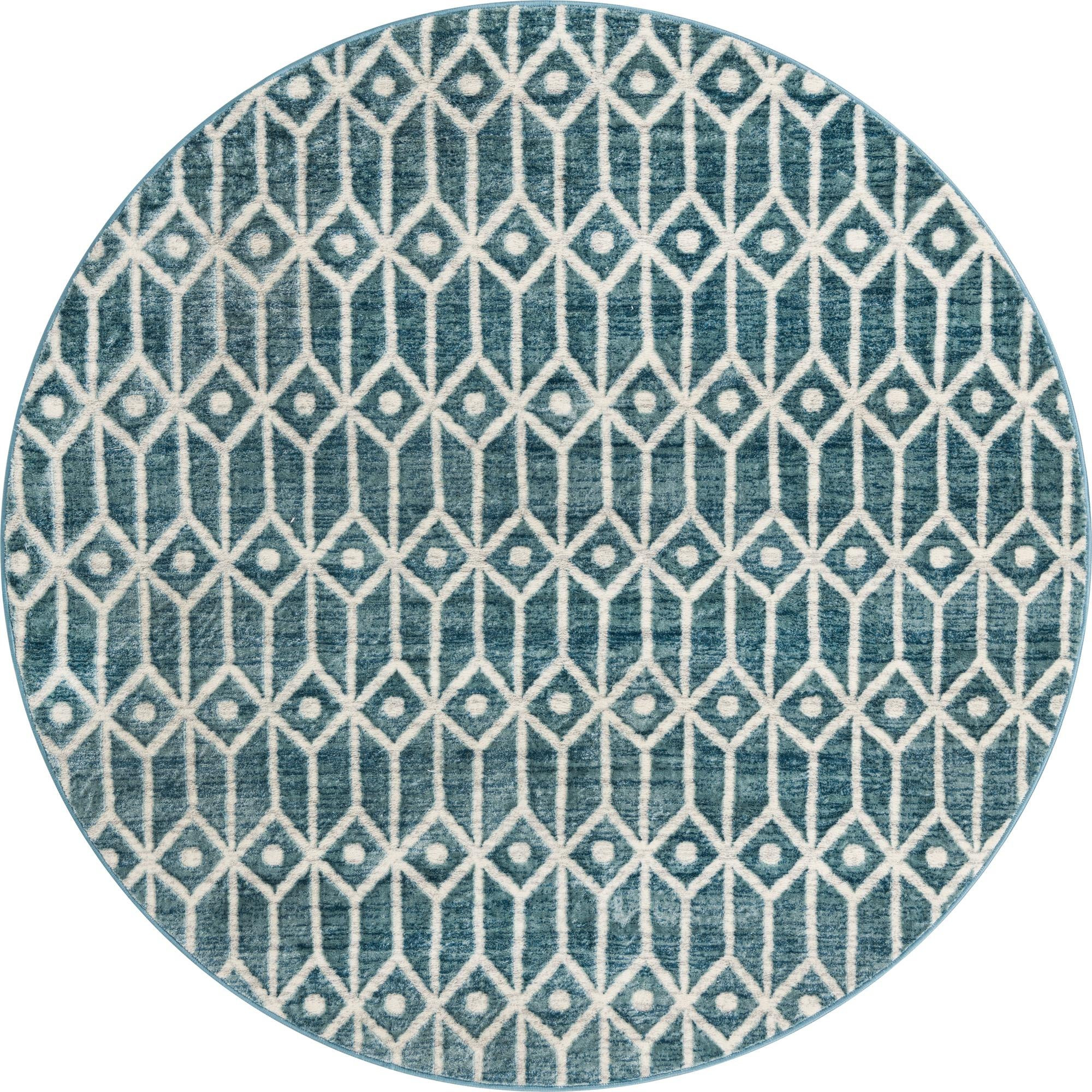 7' x 7' Vincent · Geometric trellis rug, blue and ivory