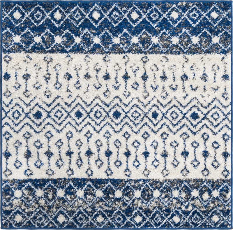 4' x 4' Vernon · Tribal geometric rug, blue and ivory
