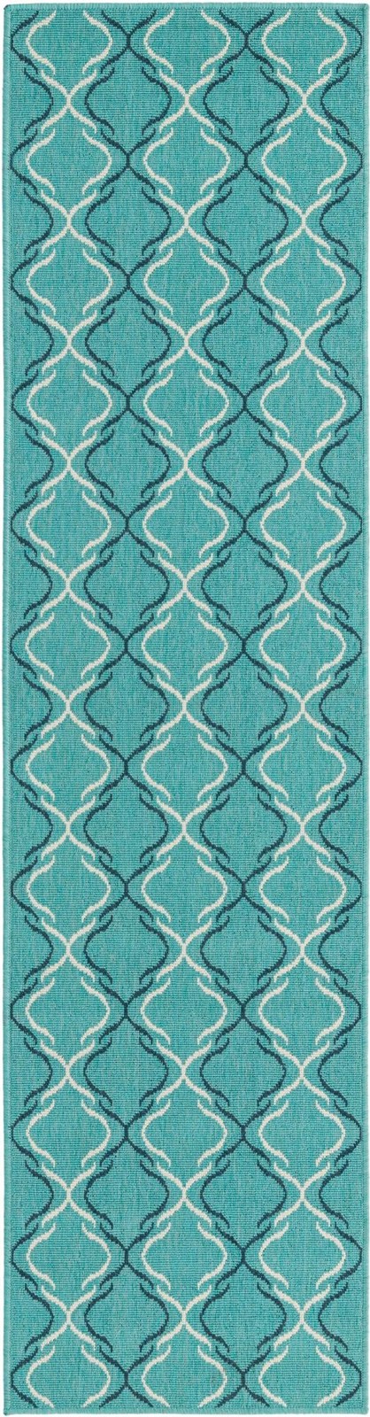 2' x 8' Comstock · Geometric lattice Outdoor Rug, teal and ivory