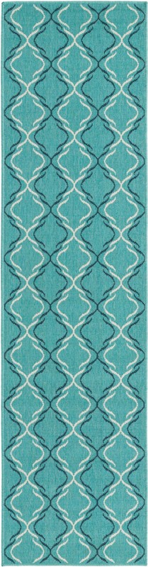 2' x 8' Comstock · Geometric lattice Outdoor Rug, teal and ivory