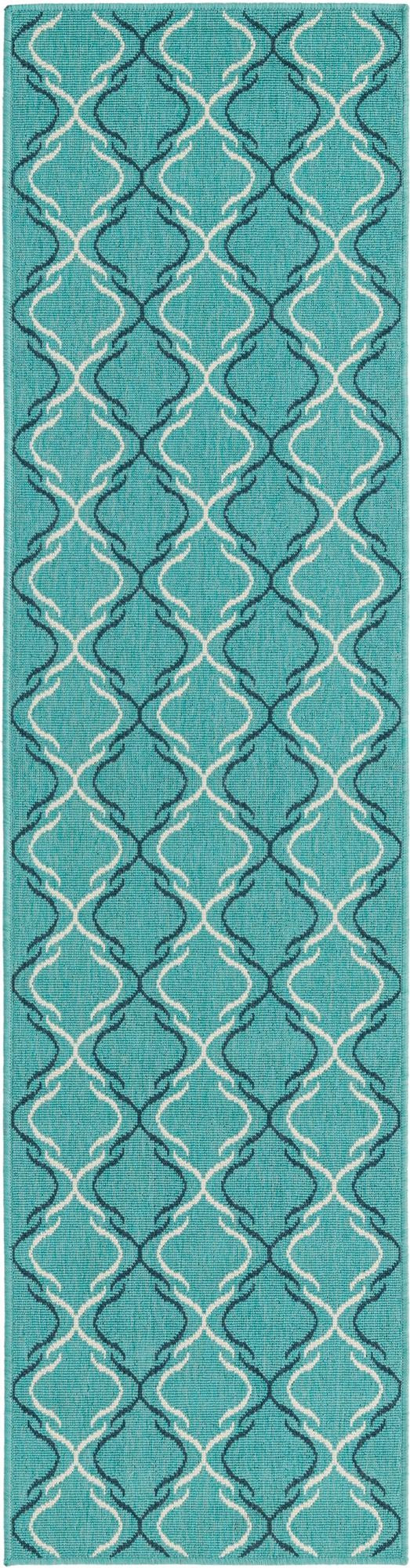 2' x 8' Comstock · Geometric lattice Outdoor Rug, teal and ivory