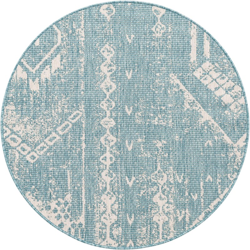 4' x 4' Wildman · Tribal geometric Outdoor Rug, aqua and ivory