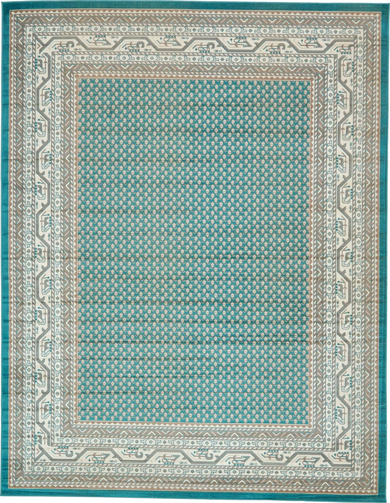 10' x 14' Jameson · Geometric border rug, turquoise and beige