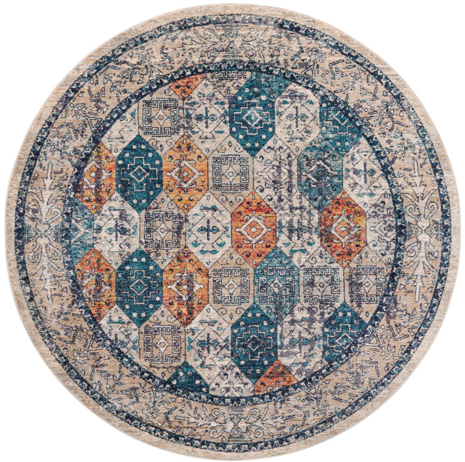 7' x 7' Keane · Diamond rug, blue and rust