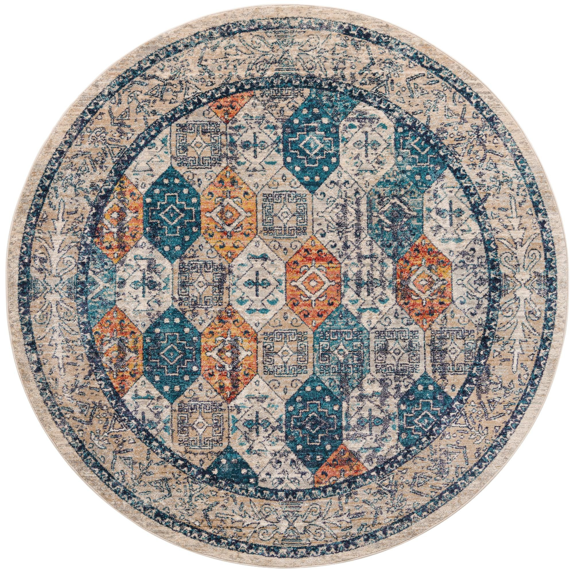 7' x 7' Keane · Diamond rug, blue and rust