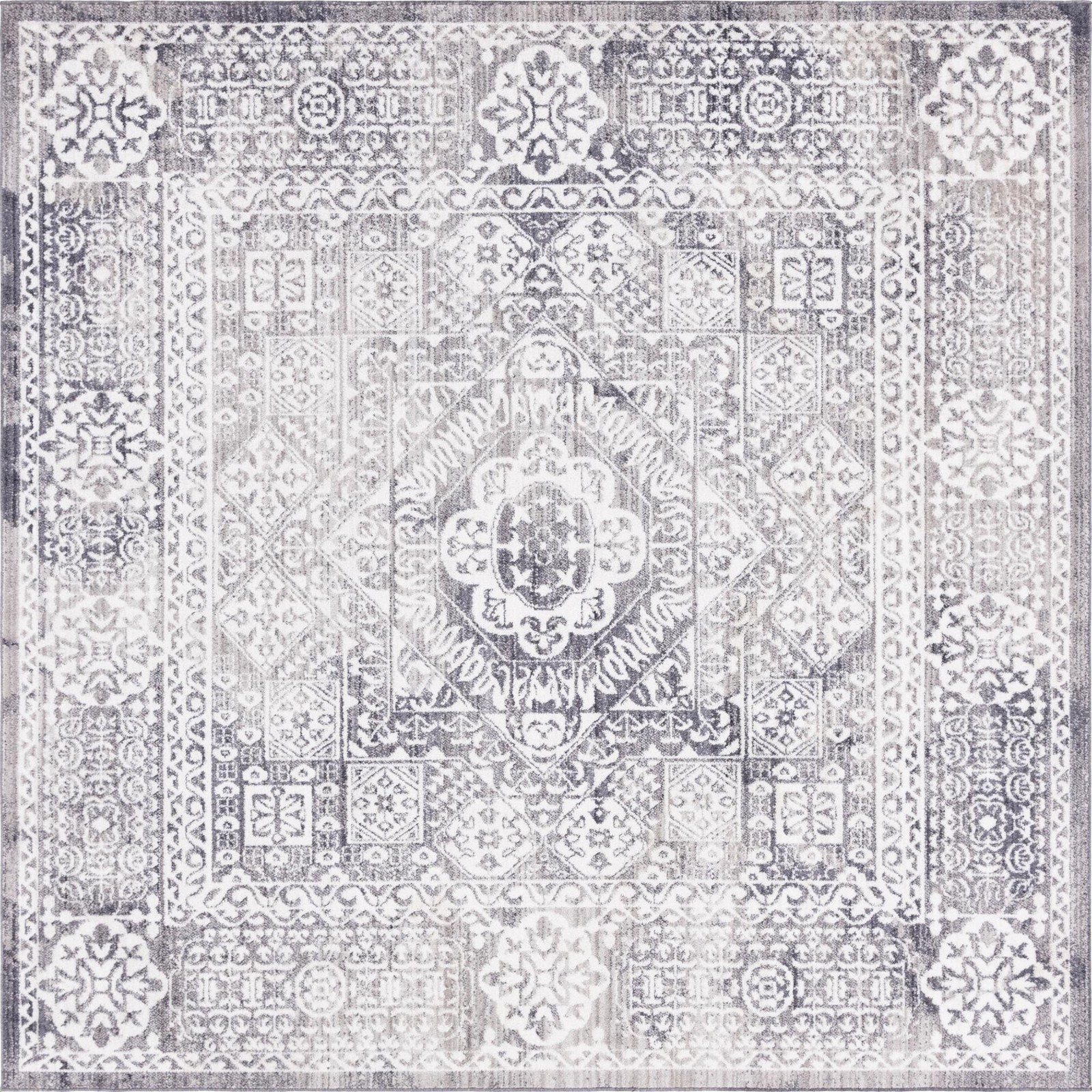 8' x 8' Beaman · Distressed medallion rug, gray and ivory