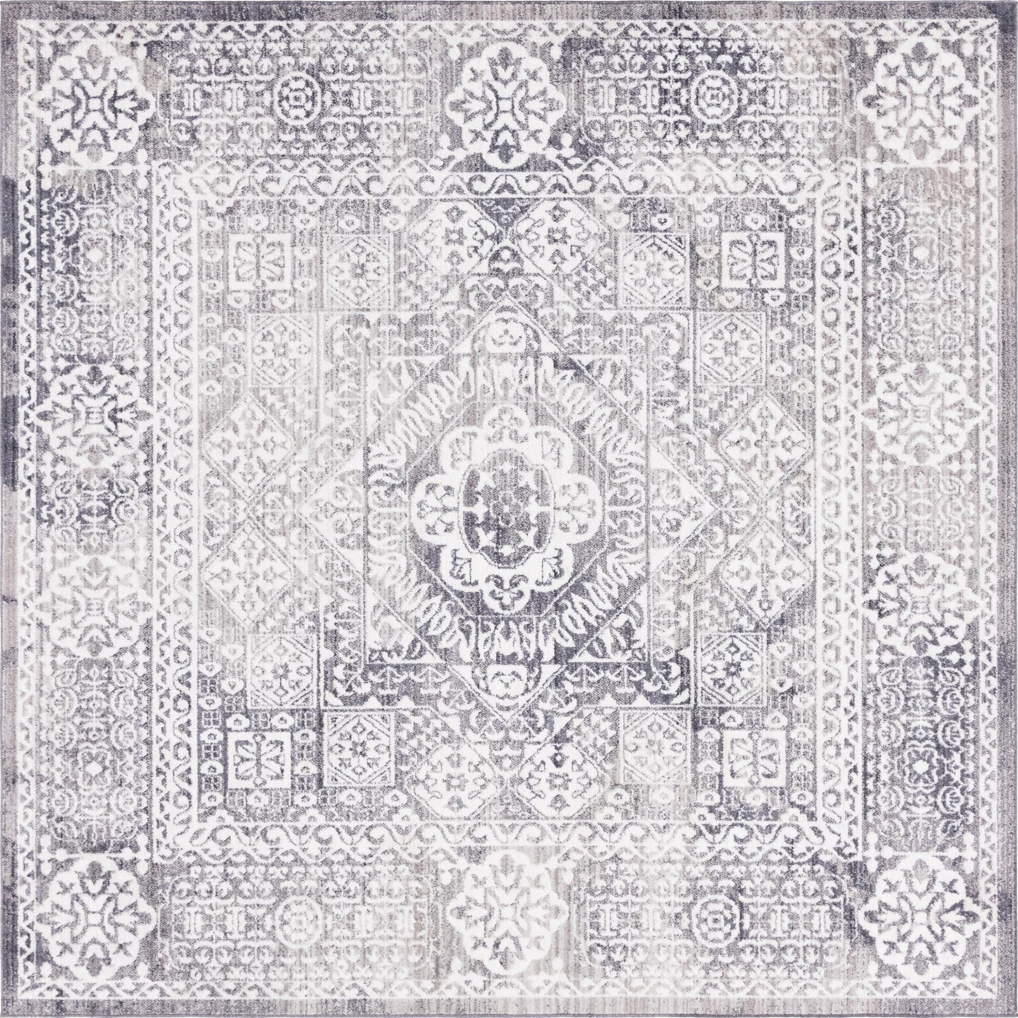8' x 8' Beaman · Distressed medallion rug, gray and ivory