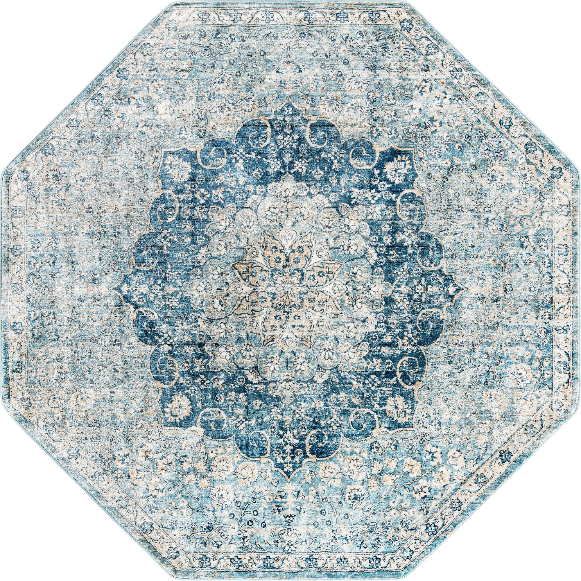 7' x 7' Stanford · Distressed medallion rug, blue and ivory