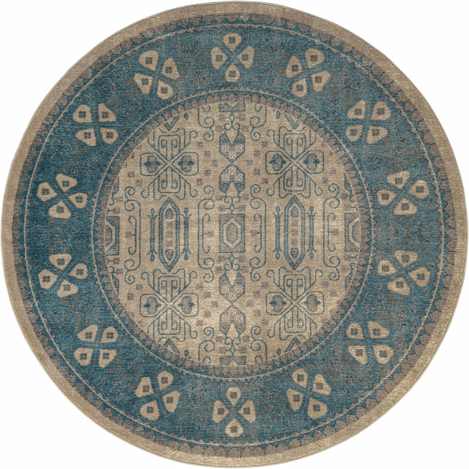6' x 6' Esmond · Bordered medallion rug, beige and blue