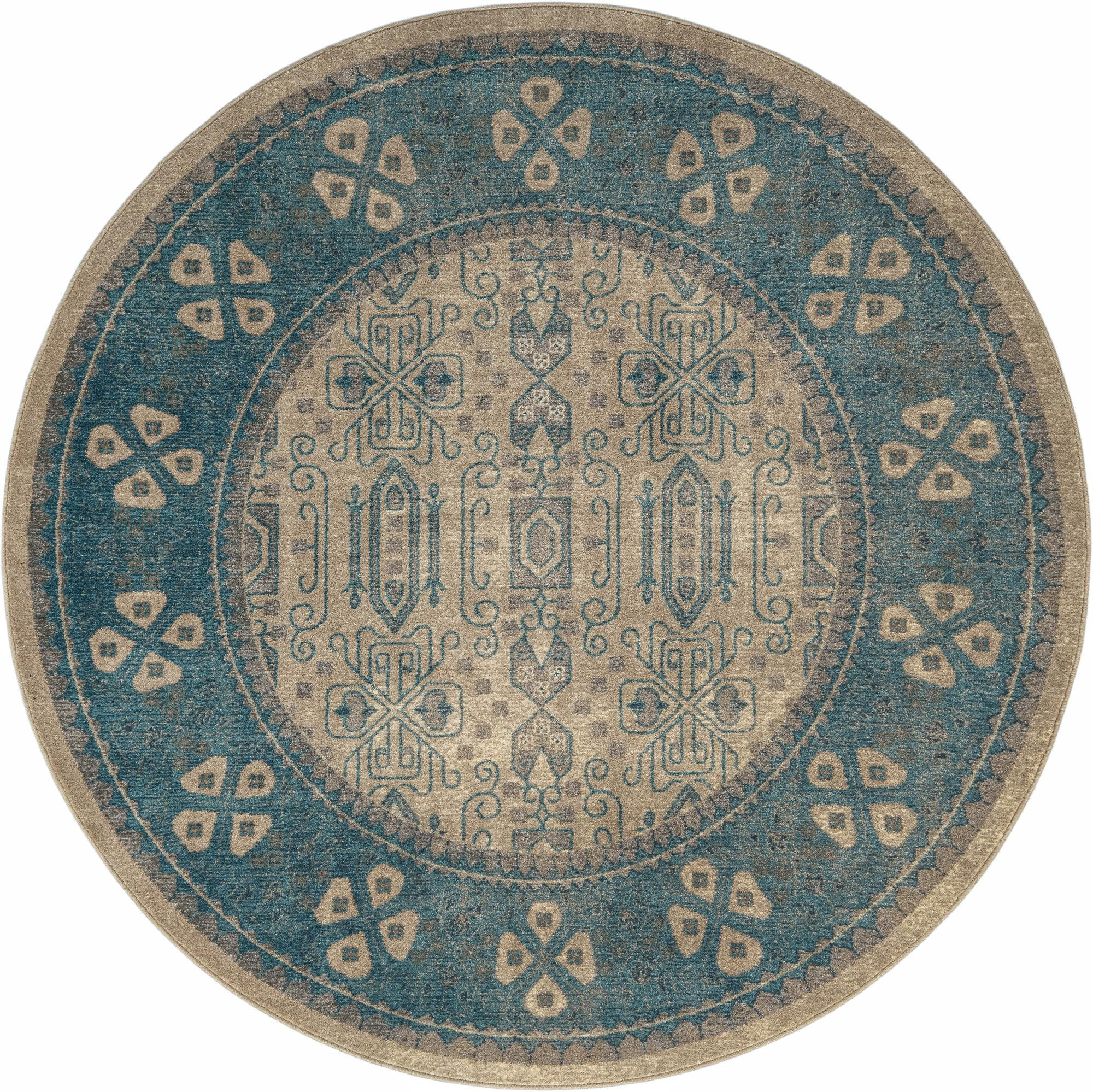 6' x 6' Esmond · Bordered medallion rug, beige and blue