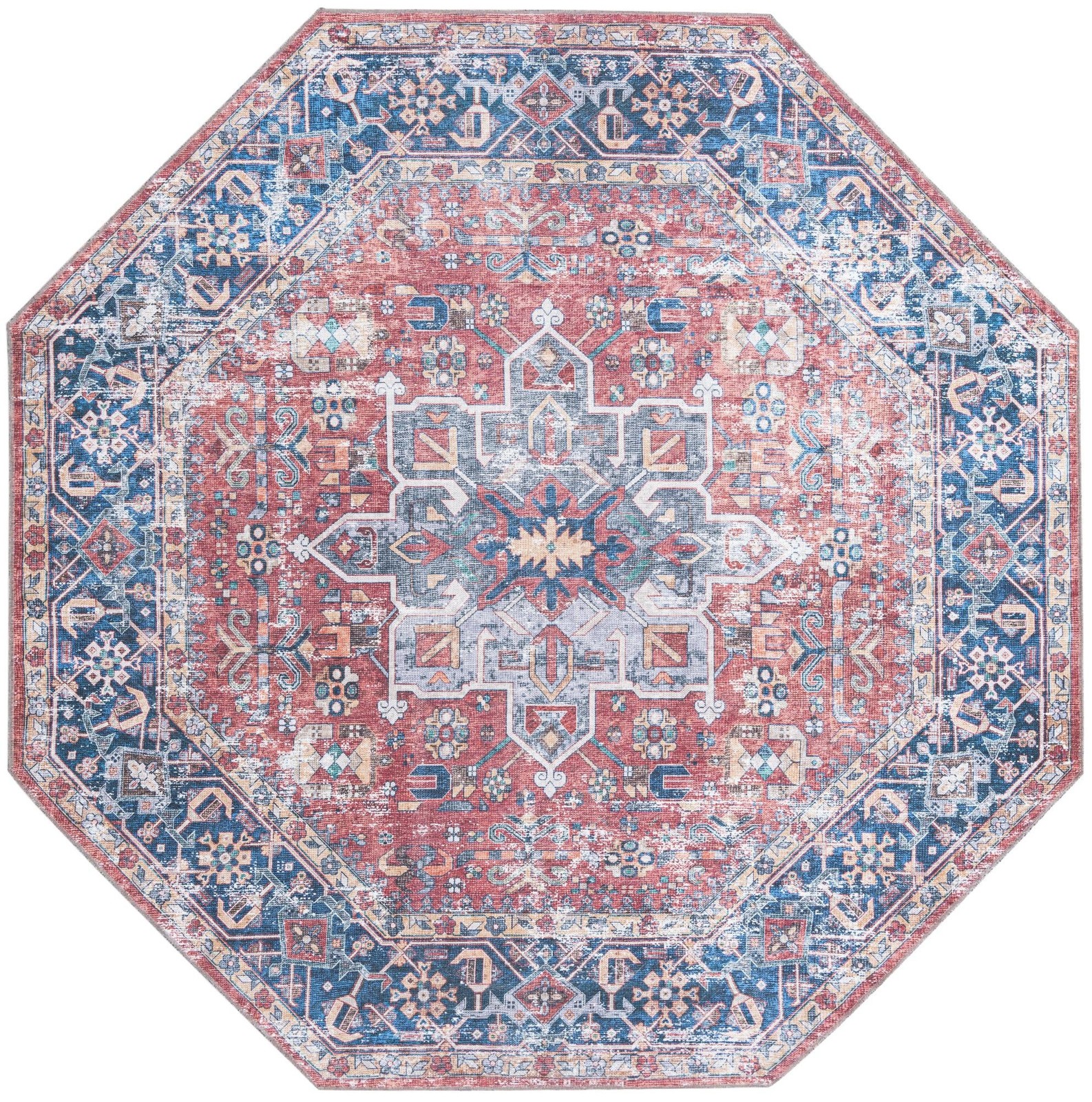 7' 10 x 7' 10 Tatlock · Distressed medallion Washable Rug, rust and blue