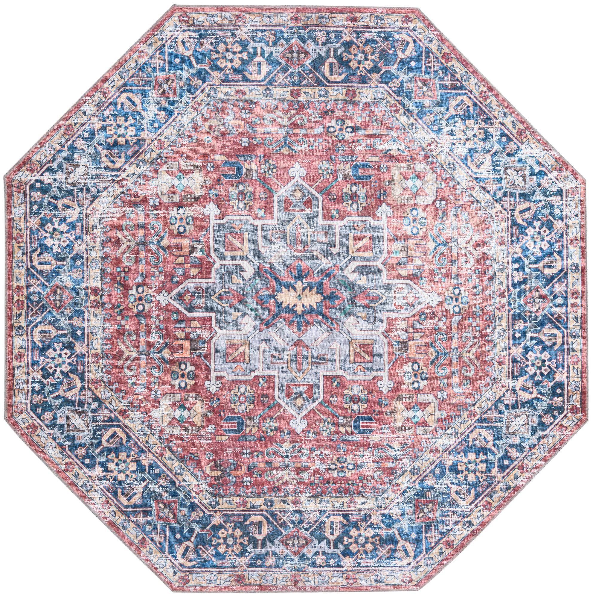7' 10 x 7' 10 Tatlock · Distressed medallion Washable Rug, rust and blue