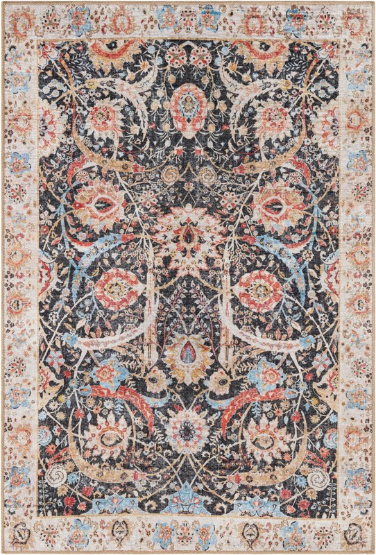 Starr · Floral Washable Rug, black and red