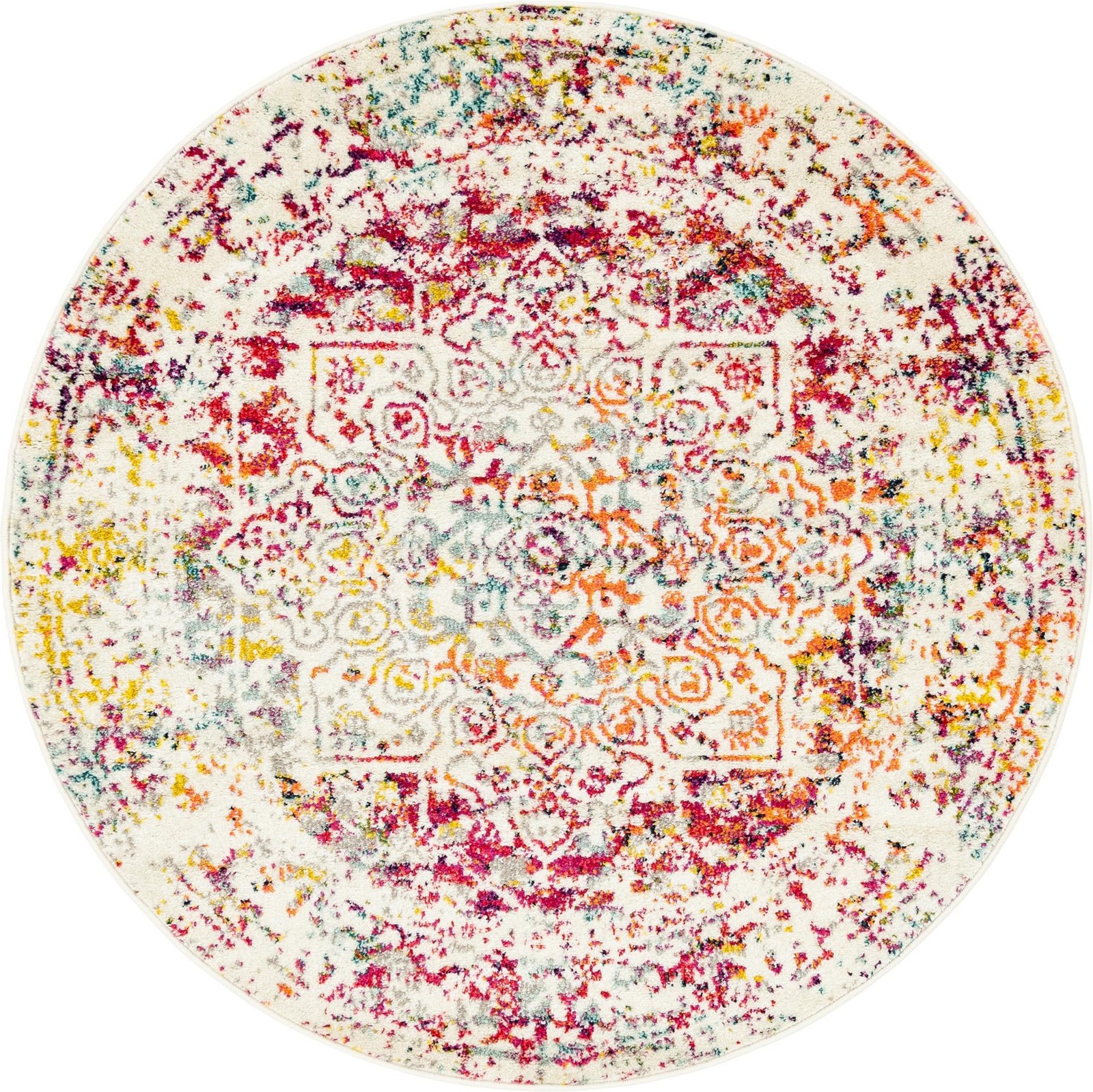 5' 3 x 5' 3 Birch · Distressed medallion rug, ivory and multi