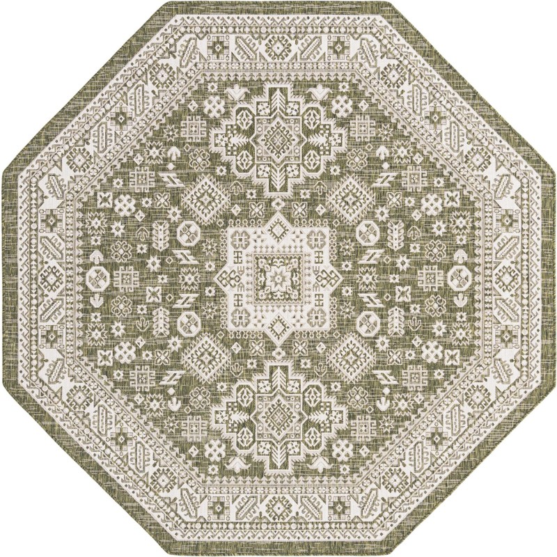 7' 10 x 7' 10 Bellamy · Geometric medallion Outdoor Rug, green and ivory