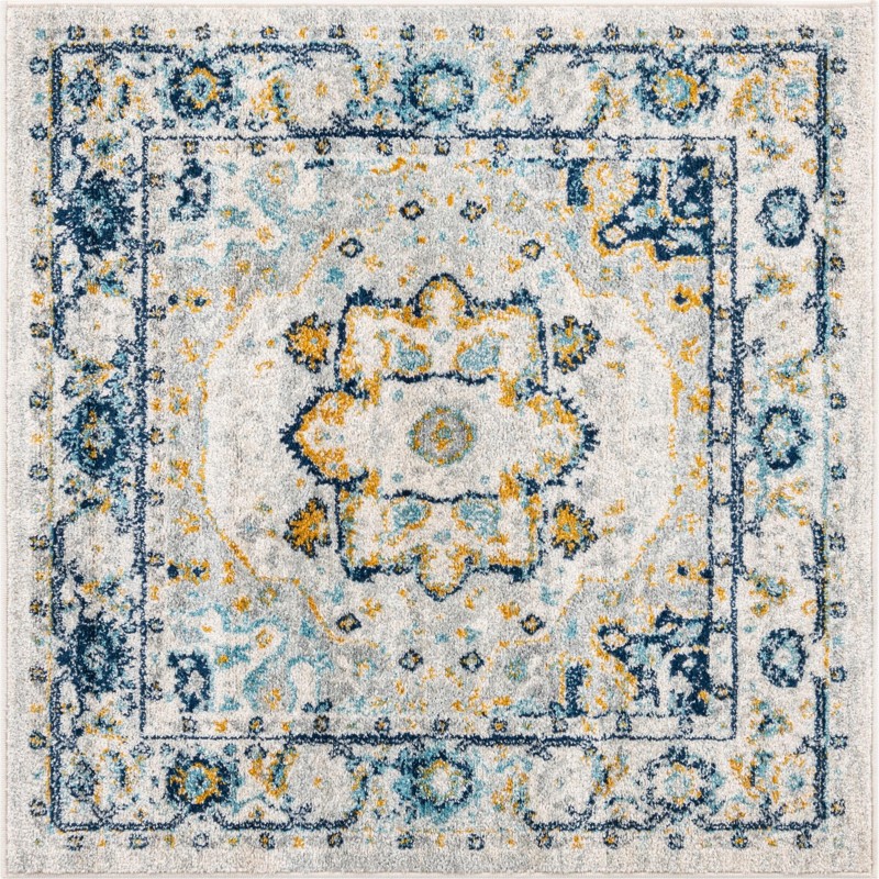 4' x 4' Pierce · Medallion rug, gray, blue and yellow