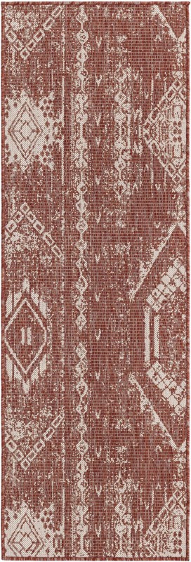 2' x 6' Wildman · Tribal geometric Outdoor Rug, rust and ivory