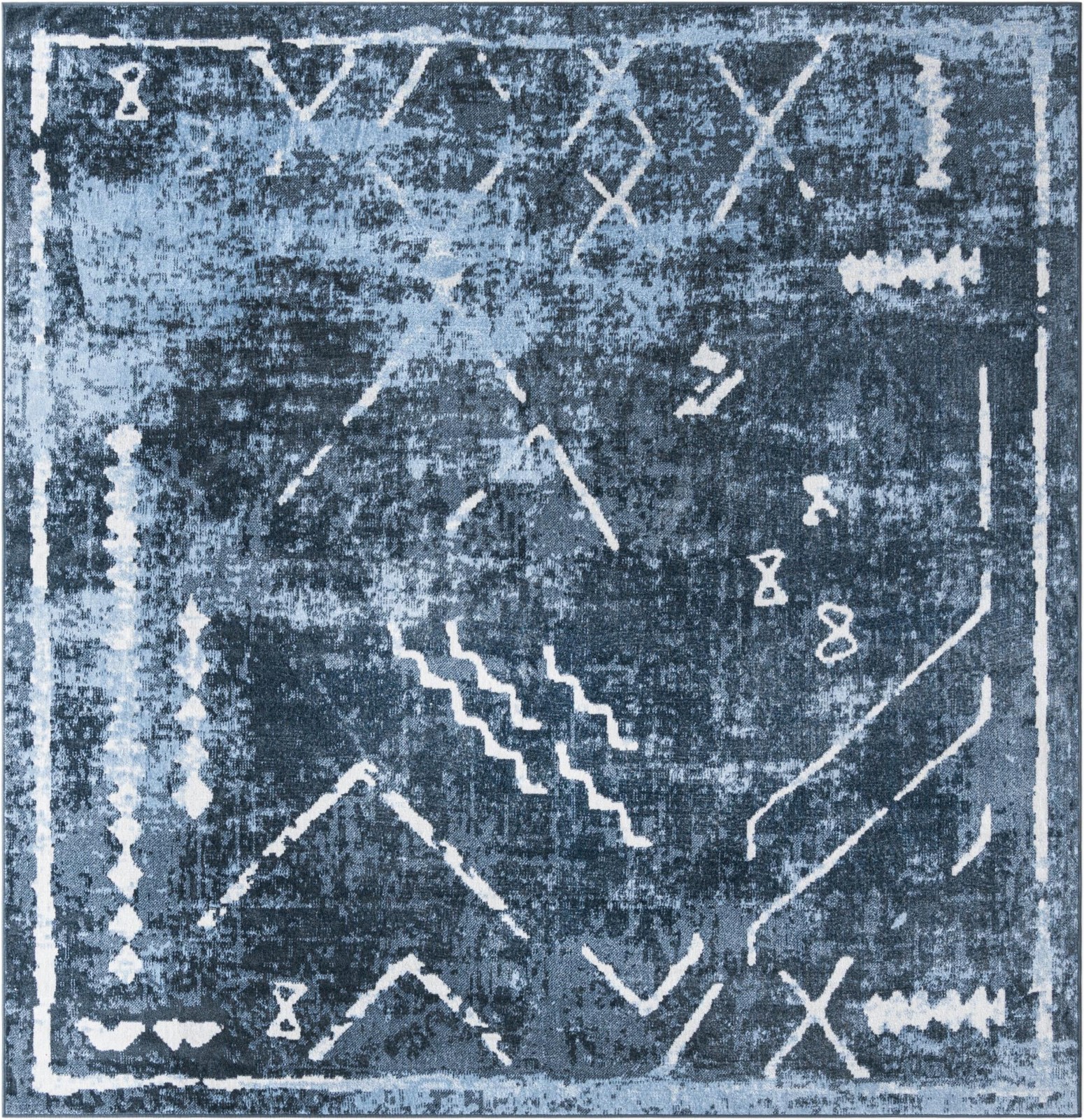 7' 10 x 7' 10 Platt · Tribal geometric Washable Rug, blue and ivory