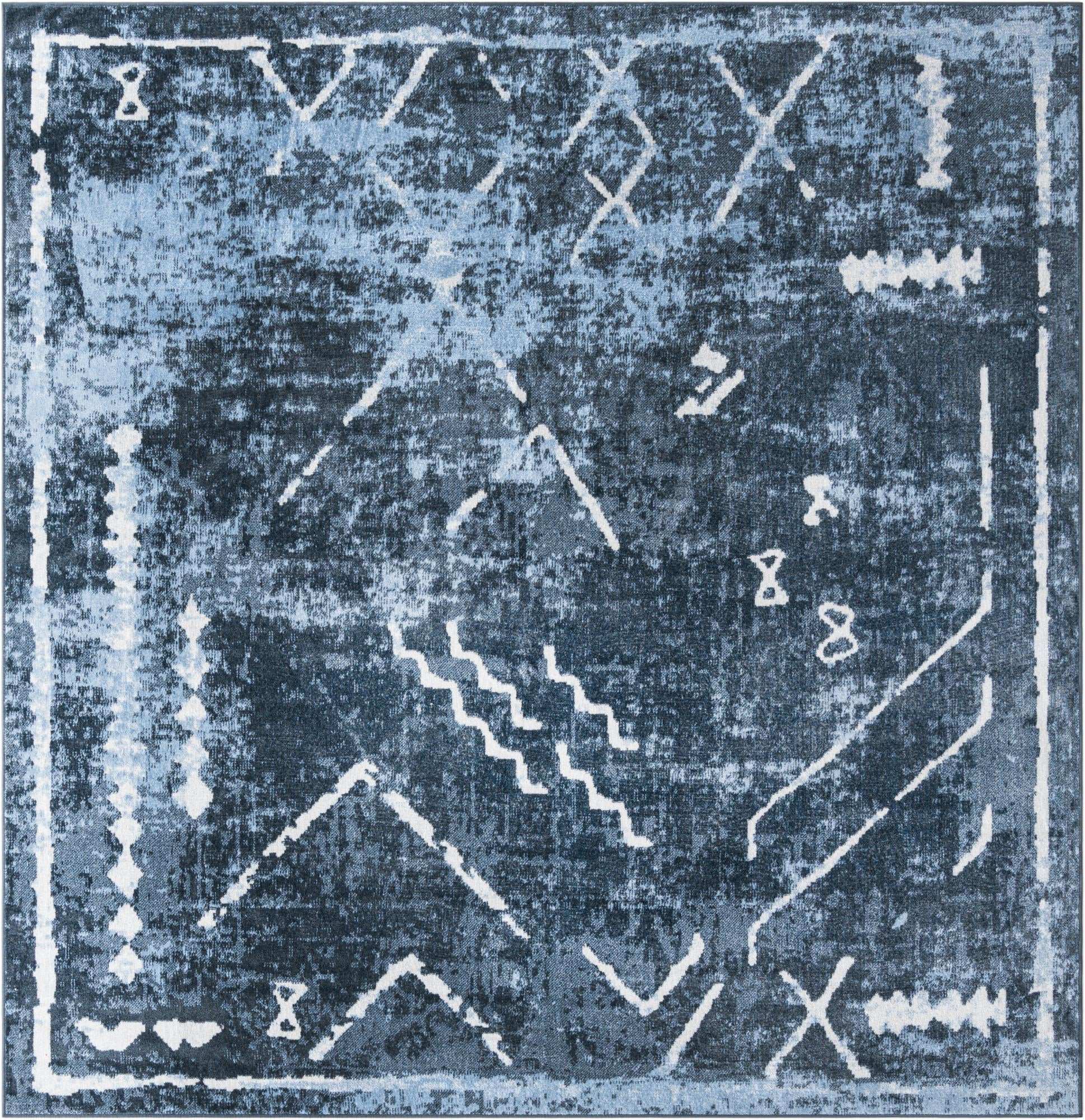 7' 10 x 7' 10 Platt · Tribal geometric Washable Rug, blue and ivory