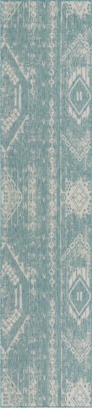 Wildman · Tribal geometric Outdoor Rug, aqua and ivory