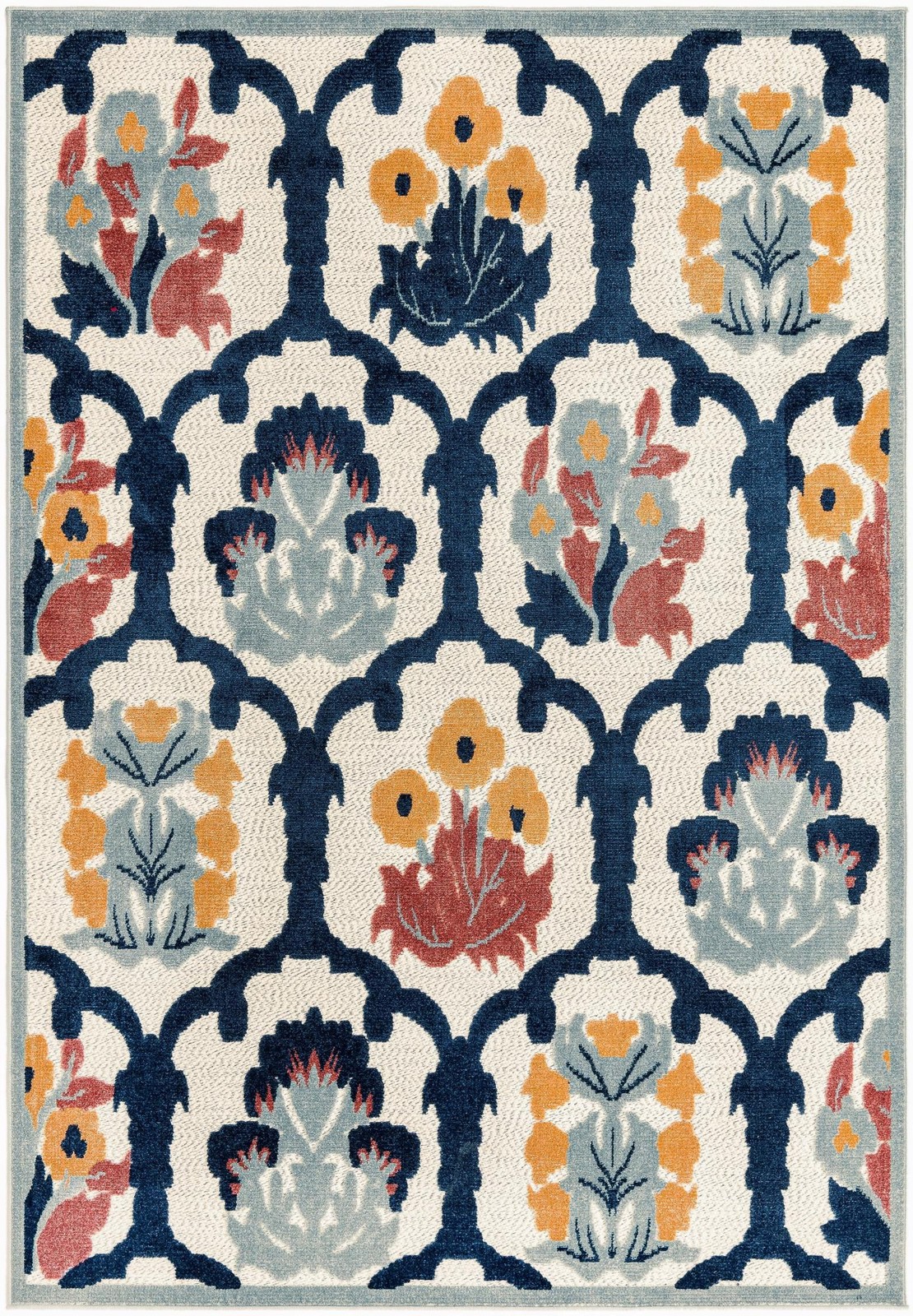 6' x 9' Bandera · Floral lattice Outdoor Rug, ivory and navy