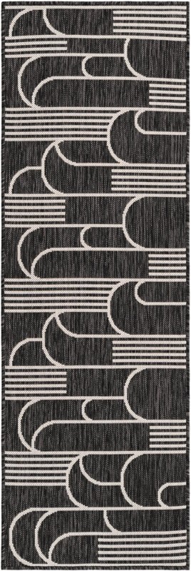 2' x 6' Prudence · Geometric Outdoor Rug, black and white