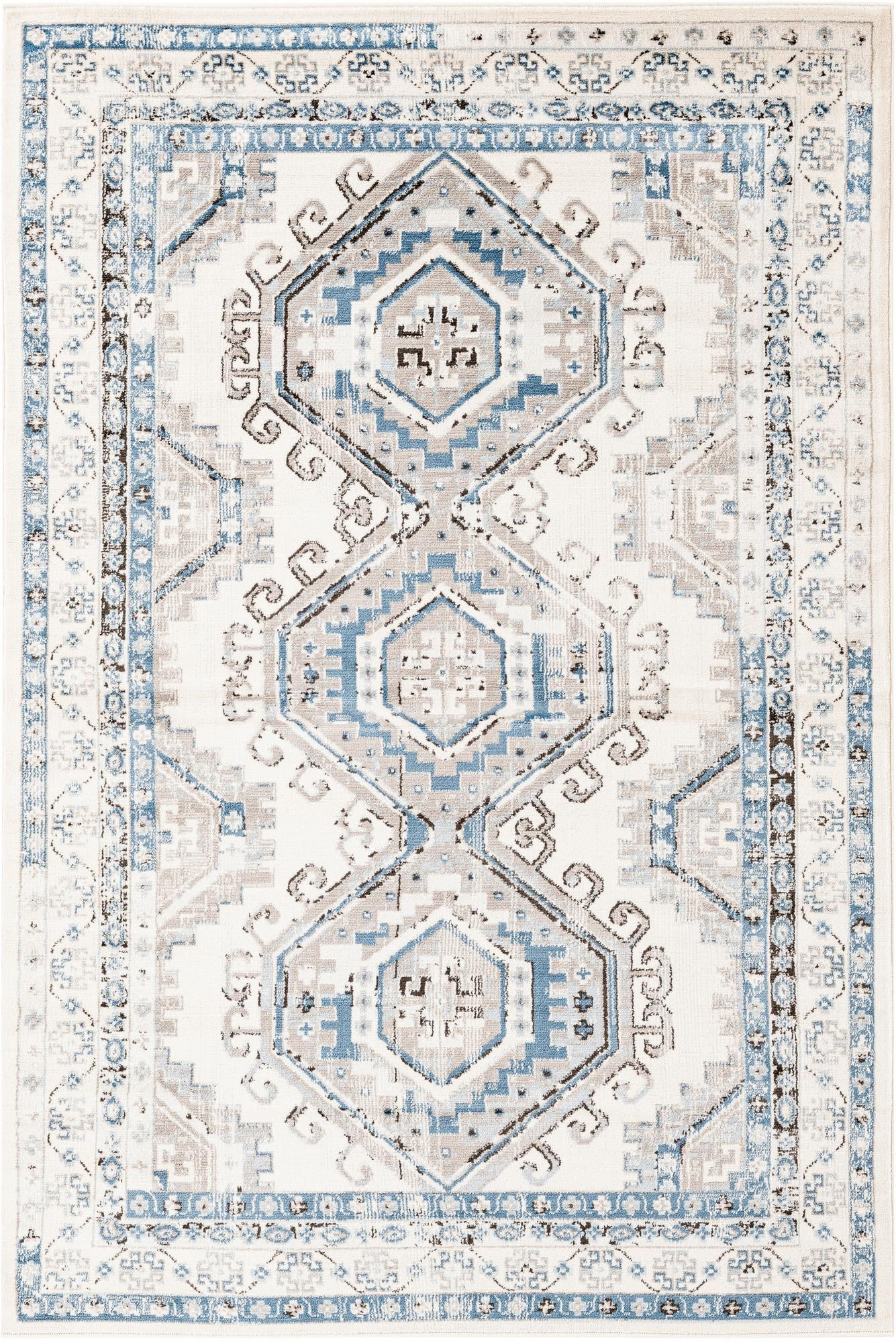 5' 3 x 8' Harmon · Geometric medallion rug, aqua and ivory