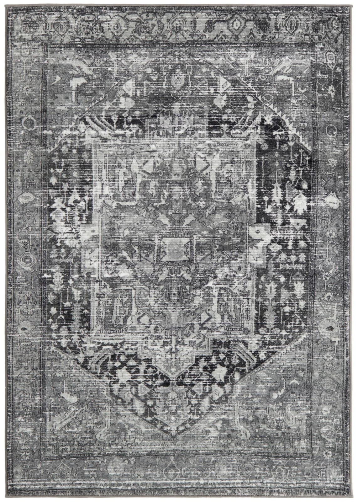 4' 4 x 6' Balmer · Distressed medallion rug, gray and black