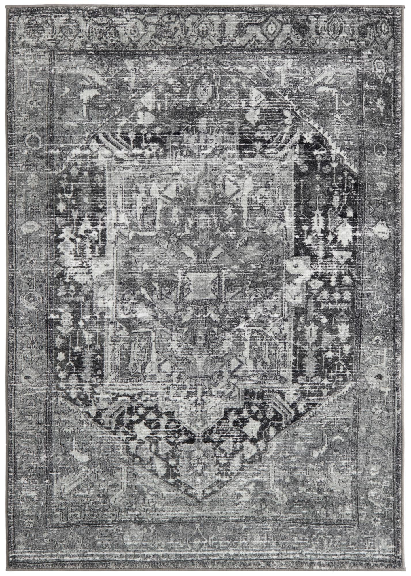 4' 4 x 6' Balmer · Distressed medallion rug, gray and black
