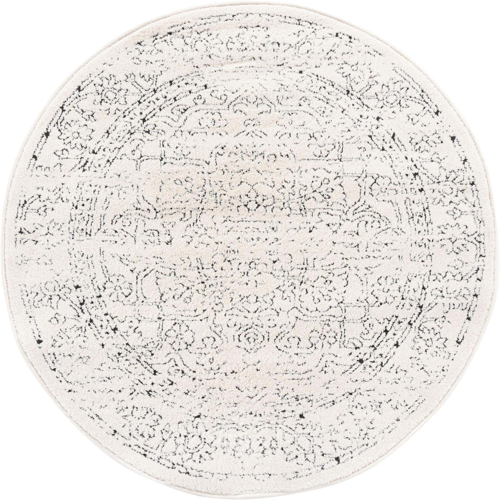 3' 3 x 3' 3 Taos · Botanical border rug, white and black