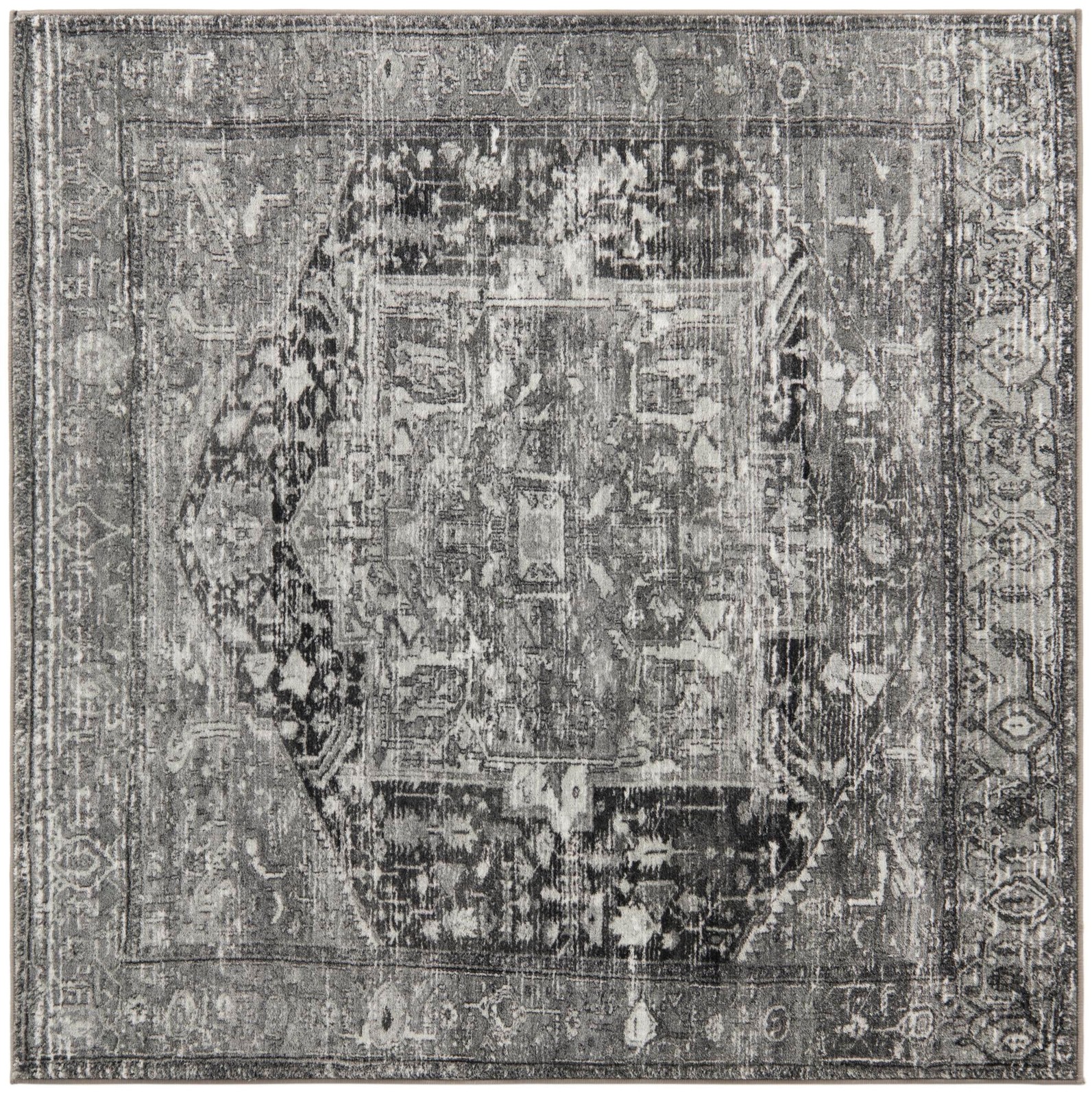 5' 3 x 5' 3 Balmer · Distressed medallion rug, gray and black