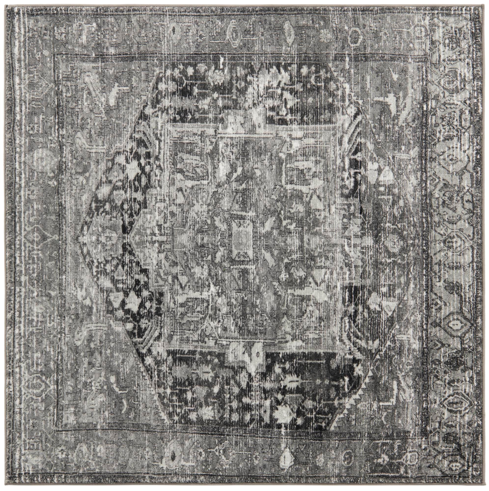 5' 3 x 5' 3 Balmer · Distressed medallion rug, gray and black