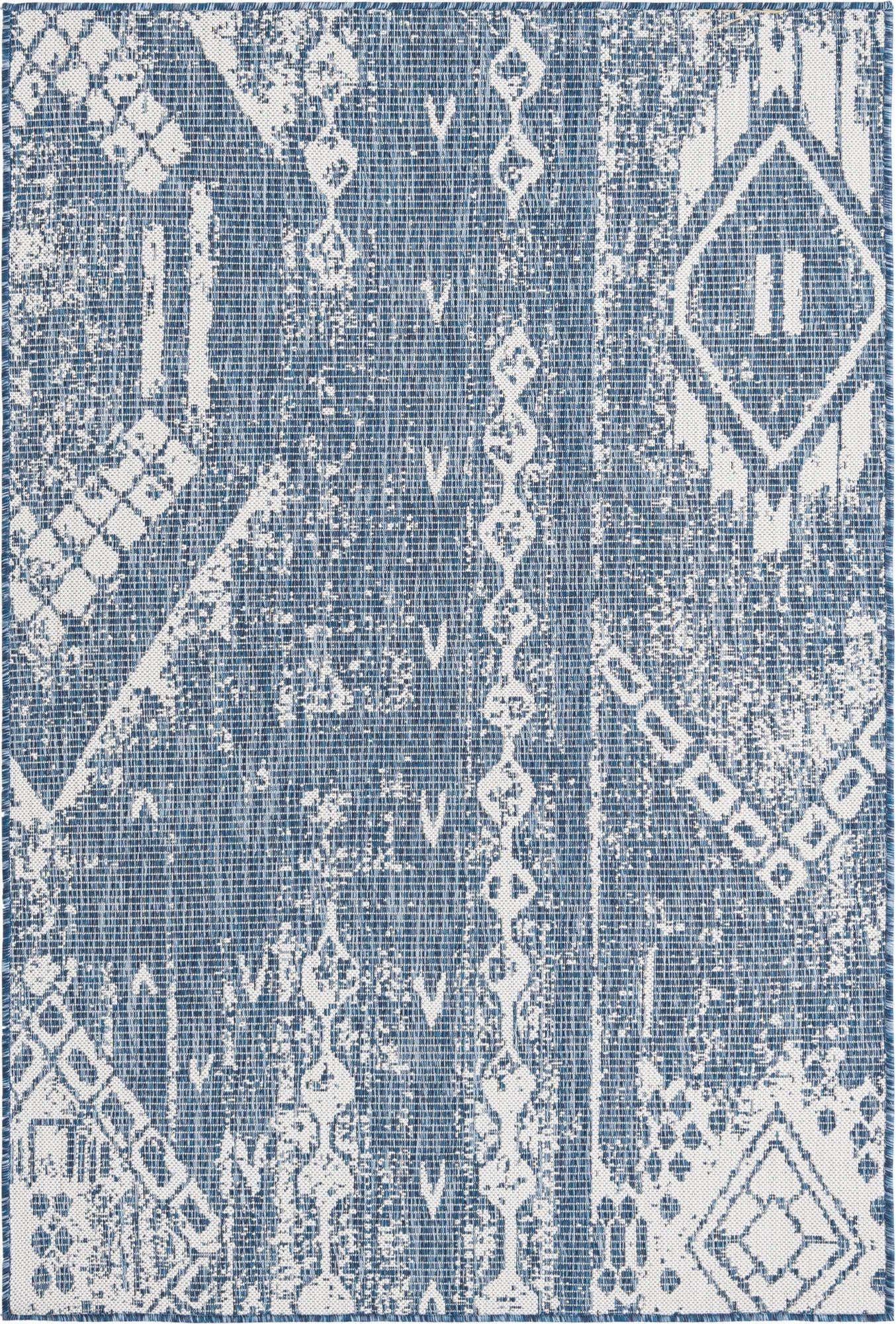 4' x 6' Wildman · Tribal geometric Outdoor Rug, blue and ivory