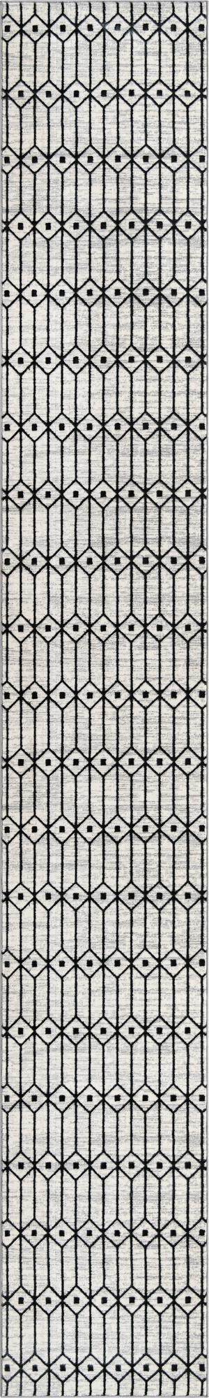 3' x 19' 8 Wharton · Geometric lattice rug, white and gray