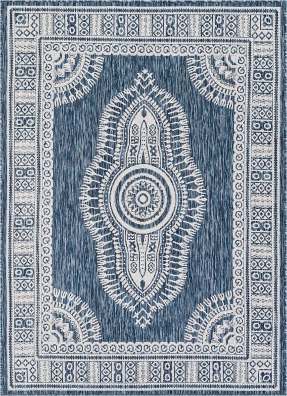 5' 3 x 7' Bainbridge · Medallion Outdoor Rug, blue and ivory