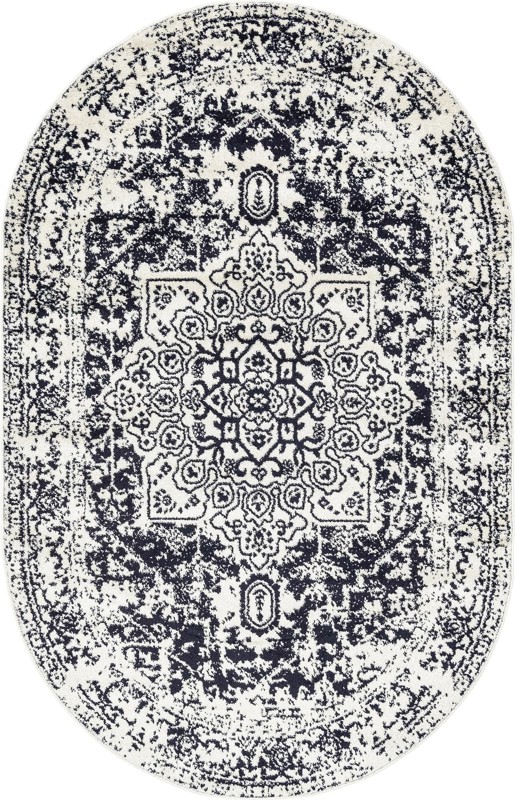 5' 3 x 8' Birch · Distressed medallion rug, blue and ivory