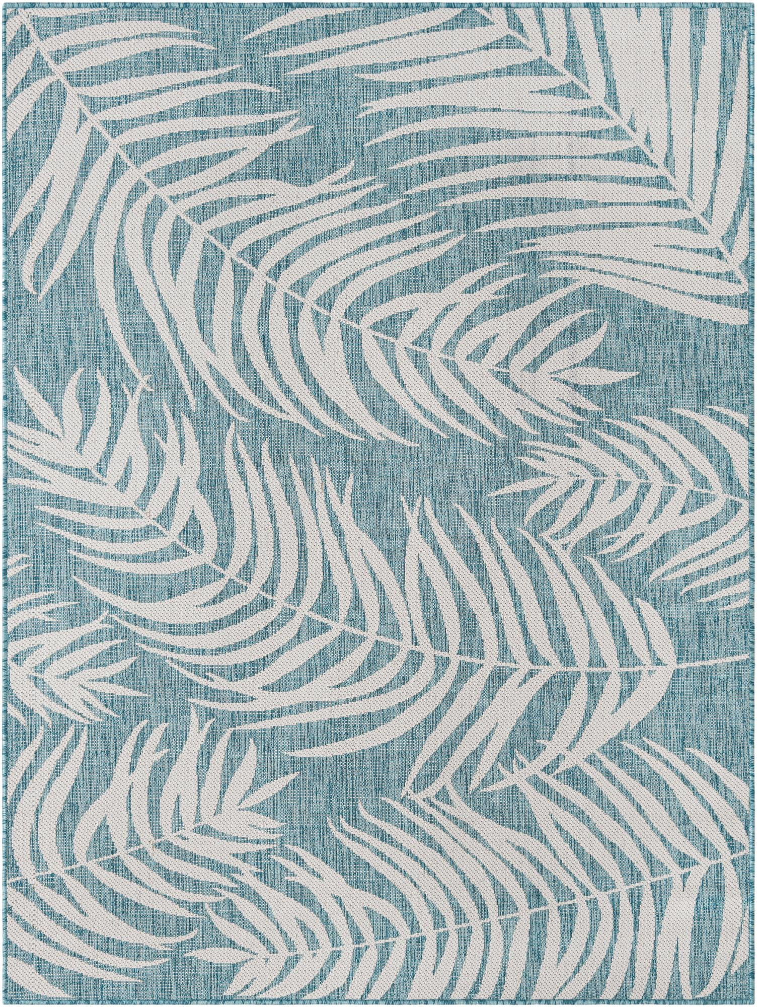 5' 3 x 7' Moody · Floral / botanical Outdoor Rug, aqua