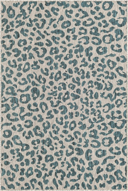 4' x 6' Cardamom · Leopard print Outdoor Rug, teal and ivory