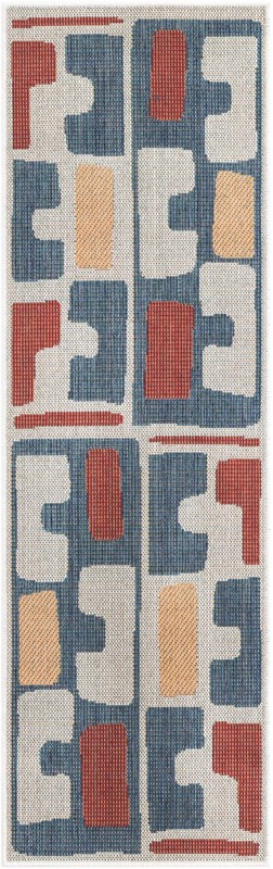 2' x 6' 1 Wainwright · Geometric Outdoor Rug, ivory and blue
