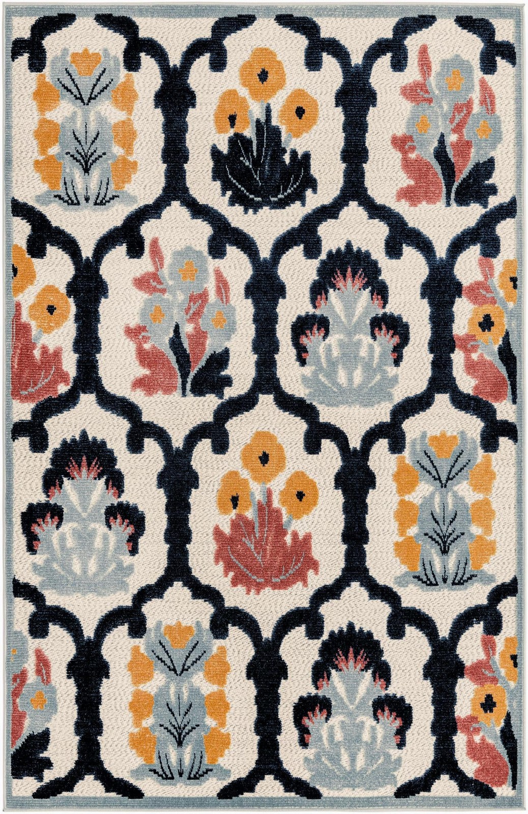 5' 3 x 8' Bandera · Floral lattice Outdoor Rug, ivory and navy