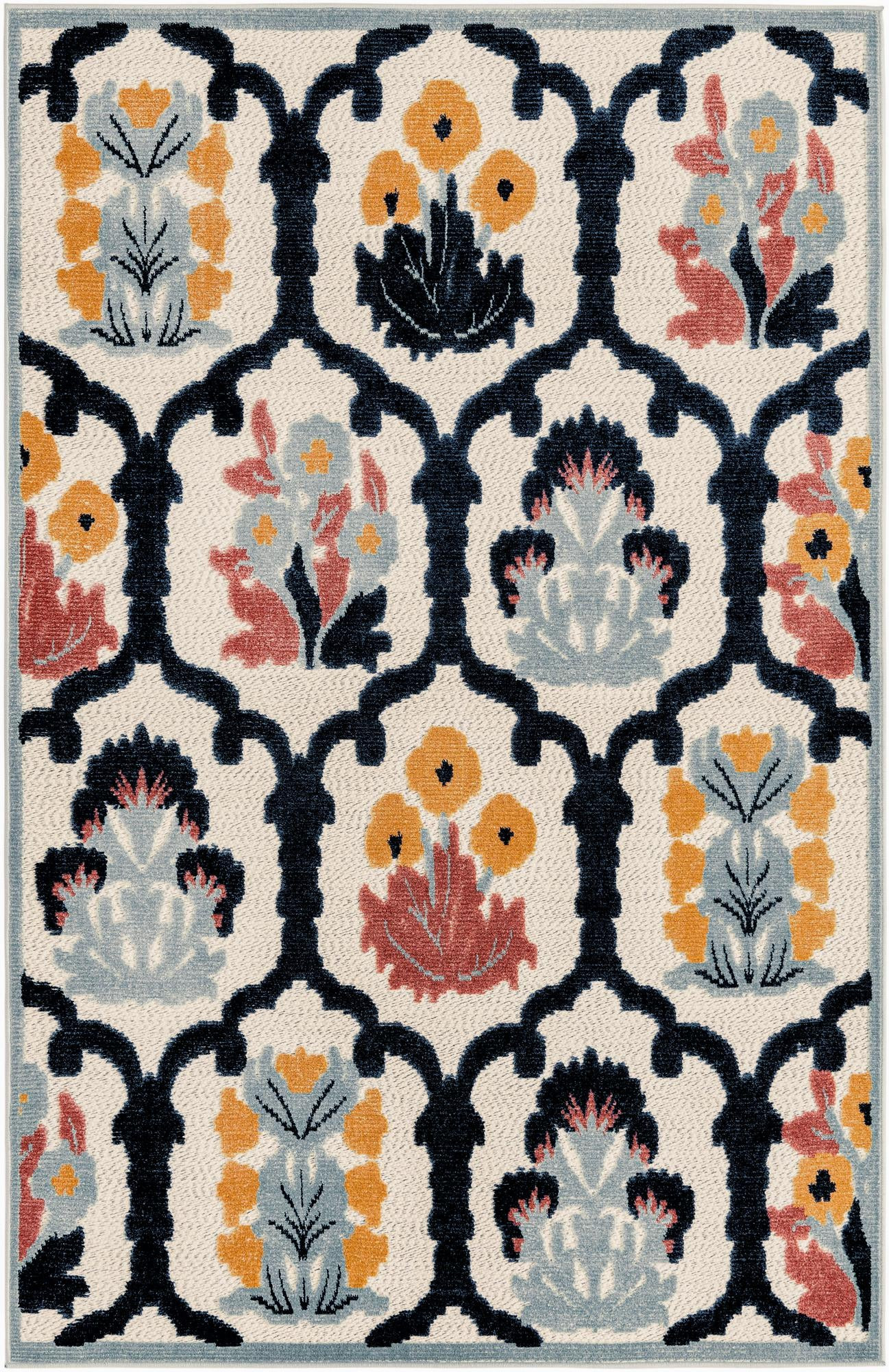 5' 3 x 8' Bandera · Floral lattice Outdoor Rug, ivory and navy