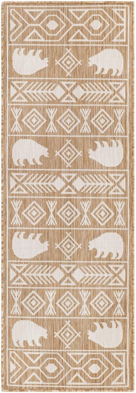 2' x 6' Ralston · Geometric bear Outdoor Rug, taupe and ivory