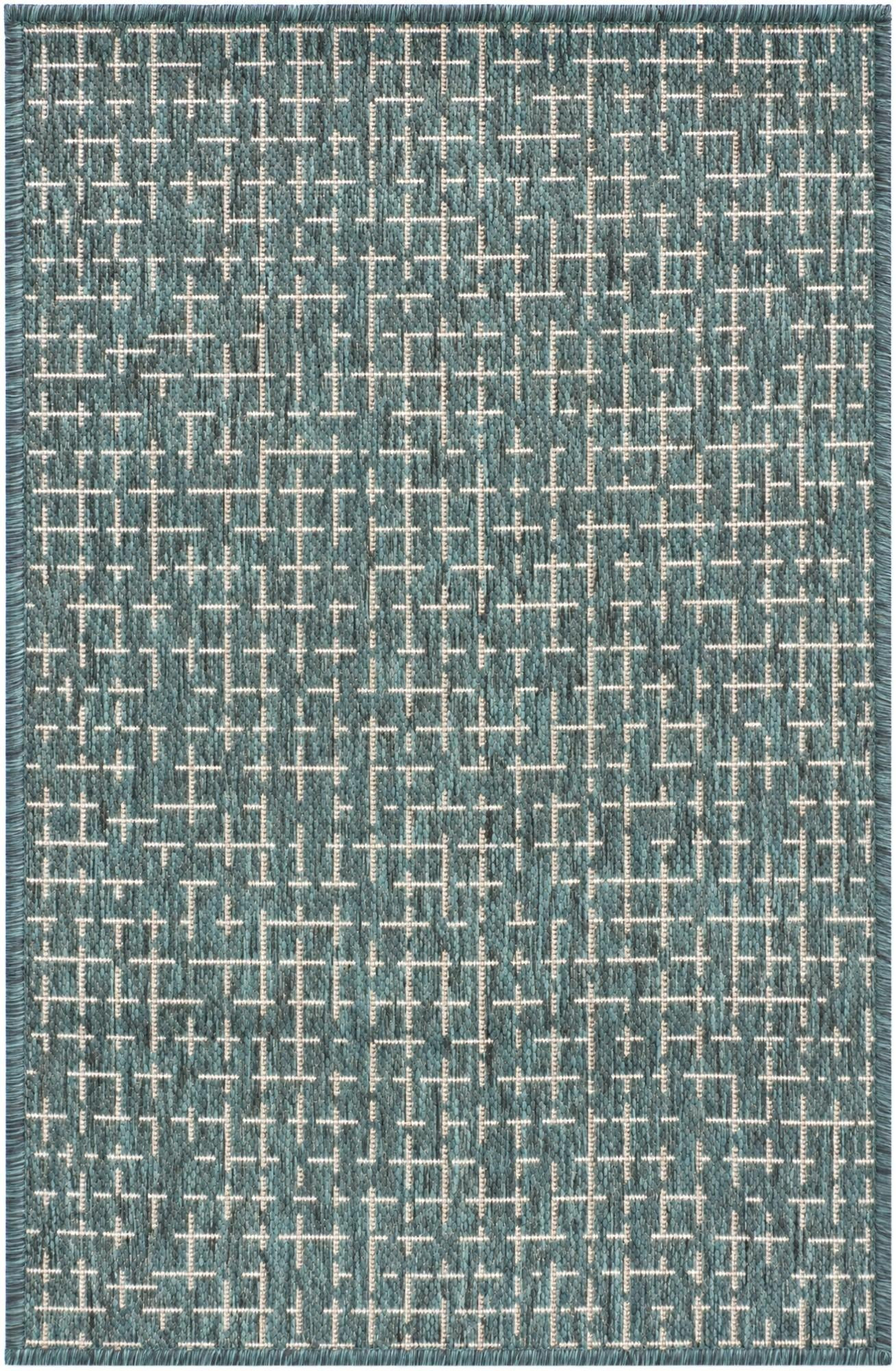 2' x 3' Loam · Grid Outdoor Rug, teal and cream