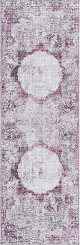 2' x 6' Fallowfield · Distressed medallion Washable Rug, pink and ivory