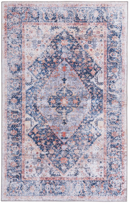 Trillium · Distressed medallion Washable Rug, navy and pink
